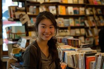 A young woman stands confidently in front of a charming bookshelf filled with a diverse collection of books.  