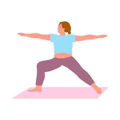 Fototapeta na wymiar Overweight woman in yoga pose. Weight loss program, fitness activity cartoon vector illustration