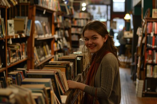A young woman stands elegantly in front of a bookshelf filled with rows of colorful books, exuding a sense of knowledge, curiosity, and sophistication