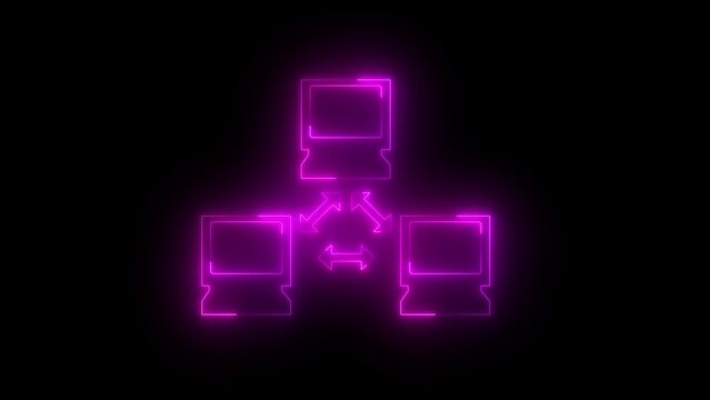 Neon glowing pink computer network icon animation in black background