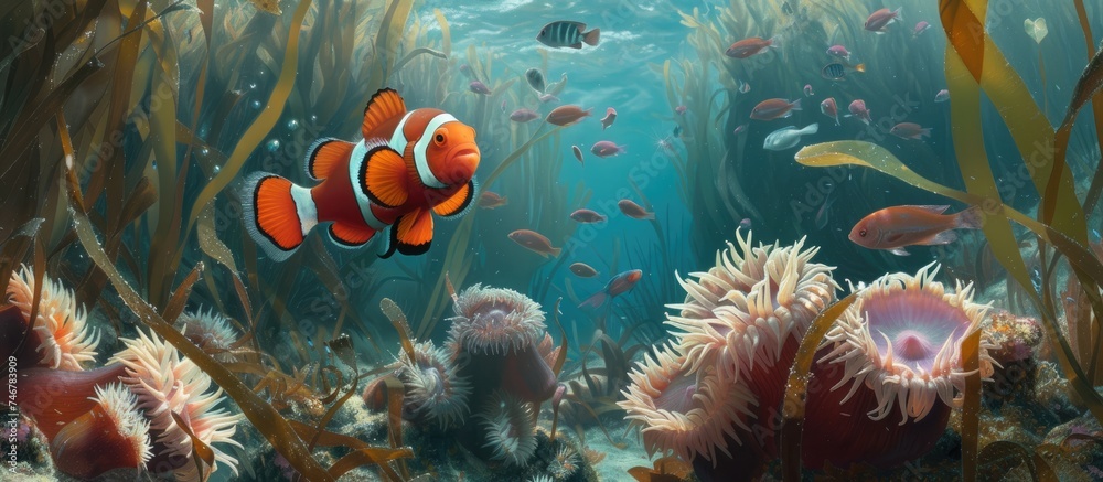 Wall mural A vibrant underwater scene featuring clown fish swimming among various sea life such as colorful anemones, kelp forests, and other marine creatures. - Wall murals