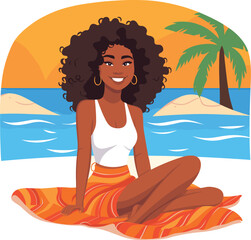 African American woman sitting beach towel sea, smiling curly haired female enjoys sunset. Summer vacation beach holiday vibes vector illustration