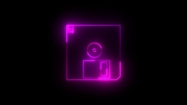 Neon glowing pink diskette icon animation in black background