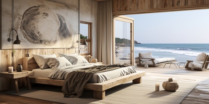 AI Generated. AI Generative. Wabi sabi villa hotel room apartment in wooden minimal style with big wndow and sea ocean view background landscape. Relaxing vacation vibe. Graphic Art