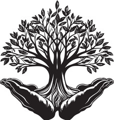 Eco Essence Intricate Living Plant Graphic in Hands Vector Botanical Bond Black Logo with Hands and Vibrant Plant Vector