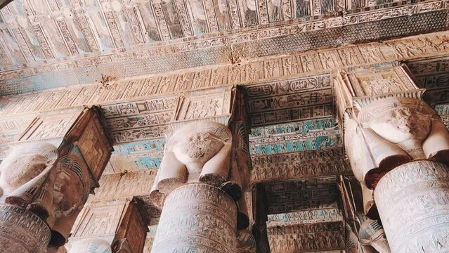 The ruins of the Egyptian temple complex Dendera. Museum in Egypt. Hathor Temple. The Denderian zodiac. The complex is a mixture of ruined temples, chapels, pylons and other buildings. Egypt 2022. 4K