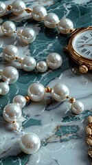 An elegant arrangement on marble where a golden watch delicately rests amidst scattered pearls. Vertical orientation. 