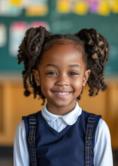 Little African American schoolgirl in school class, cute black girl, diversity, study, education, smart child, kid, children, knowledge, chalkboard, portrait, people, person, curly hair, student