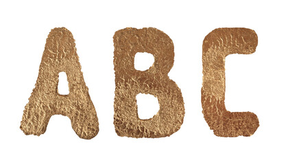 Alphabet letters A, B, C. Gold glitter metallic ink color smear brushstroke stain scrawl blot on white background. © Liliia