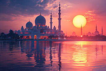 Eid al-Fitr mosque at sunset - Powered by Adobe