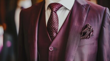 Elegant monochrome men s suit in burgundy color displayed on mannequin in modern boutique