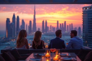 Friends sitting on a rooftop with a drink and a table set for dinner with incredible views of the...