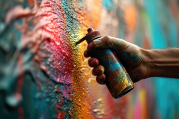 A hand gripping a vibrant aerosol can, spraying colorful paint onto a wall. The bright colors and...