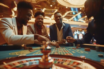 A group of four African-American friends playing roulette in a casino - obrazy, fototapety, plakaty