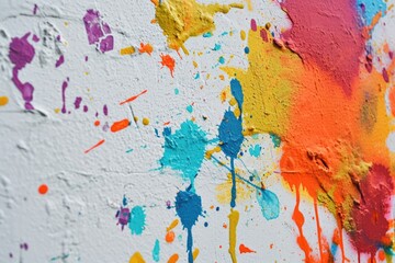 An artistic display where a white wall is covered in a joyful explosion of colorful paint splatters, creating a lively and dynamic visual composition