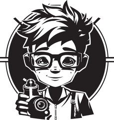 Tech Luminary Black Logo Featuring Engineering Cyber Tech Kid in Vector Code Mastermind Vector Graphic of Cyber Tech Kid for Black Logo Design