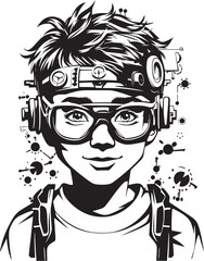 Digital Innovator Whiz Kid Vector Black Logo with Cyber Tech Icon Young Tech Genius Black Logo Design with Cyber Kid Emblem