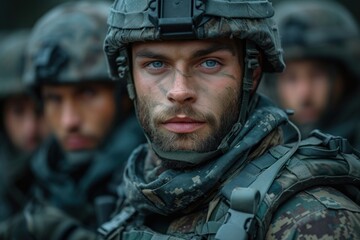 Fototapeta premium A soldier in full combat gear standing guard with a serious expression