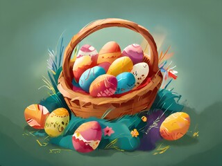 Fototapeta na wymiar Colorful easter eggs in basket