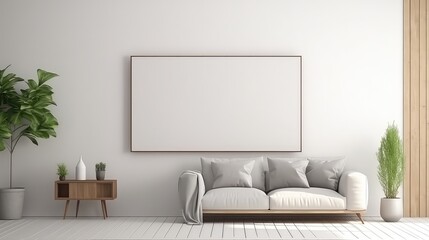 White TV screen mockup on white wall in modern living room