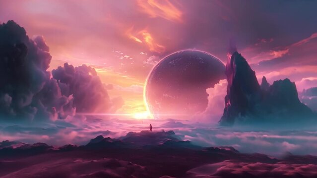 Dreamlike scene with pink clouds, fog, mountains, and a planet, featuring the silhouette of a man facing the horizon – peace, creativity, tranquility and serenity feeling for a wallpaper of Heaven