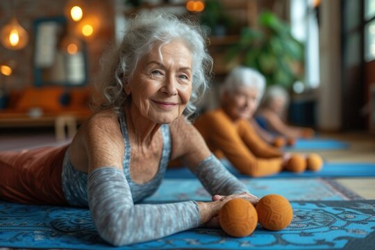 An older woman lies on a yoga mat, engaged in health and wellness activities tailored for seniors.