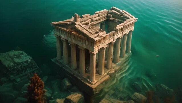 Animation of an ancient Greek temple in ruins with columns above the surface of the Mediterranean Sea. Beautiful aerial view for a wallpaper with the ocean in the background.