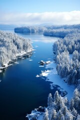 Aerial view of a beautiful winter snow river landscape