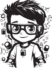 Virtual Tech Prodigy Black Logo Featuring Cyber Tech Kid Cyber Kid Maverick Junior Cyber Tech Emblem in Black Logo Design