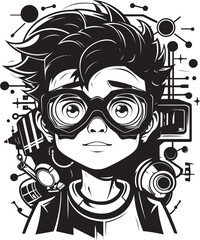 Inventor Engineer Whiz Kid Vector Black Logo with Cyber Kid Icon Tech Prodigy Junior Black Logo Design with Cyber Tech Emblem