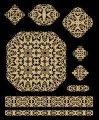 Set of  decorative elements - ornamental rosette, mandala, ornamental vector border ribbon, openwork texture oriental style, on dark background