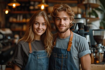 Barista man and woman standing together