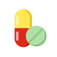 Pill and Tablet - flat vector medicine icon. Drug capsule sign. Vector isolated on white.