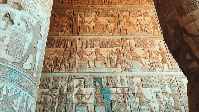 The ruins of the Egyptian temple complex Dendera. Museum in Egypt. Hathor Temple. The Denderian zodiac. The complex is a mixture of ruined temples, chapels, pylons and other buildings. Egypt 2022. 4K