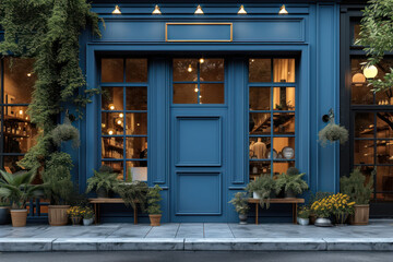 Blue building with potted plants