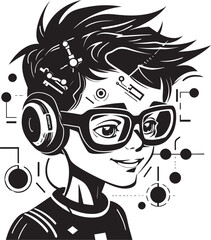 Obraz premium Future Tech Guru Engineering Cyber Tech Kid Emblem in Black Vector Graphic Digital Prodigy Black Logo with Inventive Tech Kid Vector Icon Design