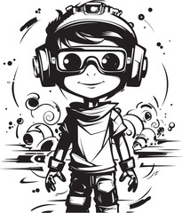 Young Techie Inventive Kid Logo Design with Cyber Tech Vector Icon in Black Virtual Architect Black Logo Featuring Engineering Cyber Tech Kid in Vector