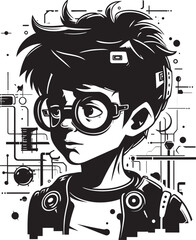 Young Engineer Innovator Cyber Tech Icon in Black Logo Design Vector Future Tech Prodigy Vector Black Logo with Cyber Kid Emblem