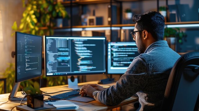 A software developer works on code late into the night, illuminated by the glow of multiple computer screens in a modern office. AIG41