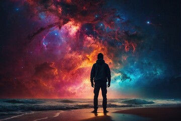 Fototapeta premium A person silhouetted against a vibrant cosmic backdrop