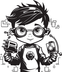 Young Techie Inventive Kid Logo Design with Cyber Tech Vector Icon in Black Virtual Architect Black Logo Featuring Engineering Cyber Tech Kid in Vector