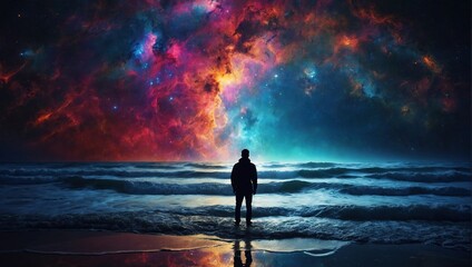 Fototapeta premium A person silhouetted against a vibrant cosmic backdrop