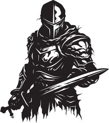 Sword of Valor Black Logo Featuring Knight Soldiers Raised Sword in Vector Defenders Legacy Knight Soldier Raised Sword Emblem in Black Graphic