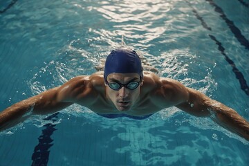 Aerial Top View Male Swimmer Swimming in Swimming Pool, Professional Determined Athlete Training for the Championship, using Butterfly Technique,Top View Shot