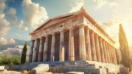 Obraz premium Ancient temple on mountain and sky background, old building in Greece at sunset, view of classical Greek or Roman ruins in sunlight. Theme of antique, travel and culture