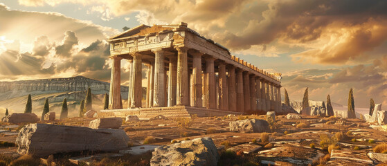 Ancient temple on dramatic sky background, old building in Greece at sunset, panoramic view of classical Greek or Roman ruins and rocks. Theme of antique, civilization, travel