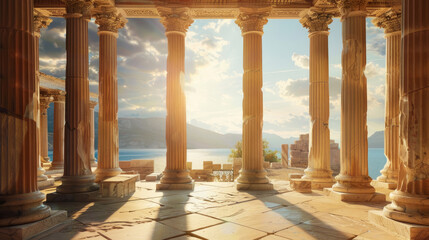 Columns of Ancient temple against sun, inside old building in Greece at sunset, classical Greek or Roman ruins overlooking sea. Theme of antique, civilization, travel - 746786535