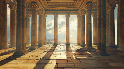 Columns inside Ancient temple, interior of old building in Greece, hall of classical Greek or Roman house overlooking sky. Theme of antique, civilization, travel, religion