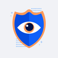 Obraz premium Shield with eyes. Cyber security surveillance protection shield. Vector illustration
