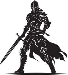 Courageous Knight Black Logo Design with Knight Soldiers Raised Sword in Vector Blade of Honor Knight Soldiers Raised Sword Icon in Black Vector Graphic